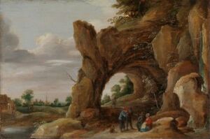  An oil painting on wooden panel by David Teniers (II), or his school, depicting an expansive landscape with a large rock formation with arches on the left and figures in period clothing below it. The right side of the painting shows a distant horizon with soft colors and a blue, cloudy sky above. The art is characterized by its earthy tones and the harmony between nature and small human figures.