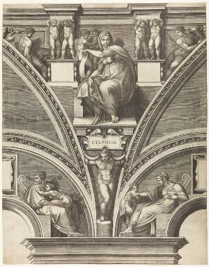  "The Delphic Sibyl" by Giorgio Ghisi, a monochromatic copperplate engraving depicting the seated Delphic Sibyl in flowing robes at the center, surrounded by symmetrical archways and classical figures in a three-dimensional architectural setting, rendered in fine details and shades of grey to convey depth and texture.