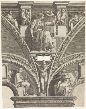  "The Eritrean Sibyl," an engraving by Giorgio Ghisi, portraying a central seated female figure flanked by putti with two contemplative figures in the lower sections, all within an architectural framework with a highly detailed use of light and shadow