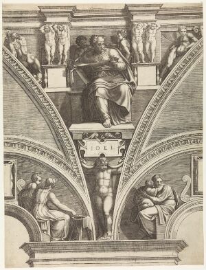  Engraving titled "The Prophet Joel" by Michelangelo, depicting the prophet seated and deeply engaged with a book, framed by a detailed vaulted architectural space with two carved stone figures above, all rendered in rich monochromatic shades to emphasize texture and form.