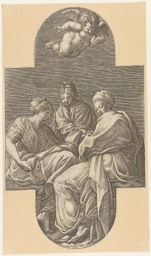  "Three Muses with a Putto speaking with them," an etching by Giorgio Ghisi, showing three classical robed female figures in a semi-circle conversing with a small winged cherub above them, all framed within an arch, rendered in sepia tones on paper.