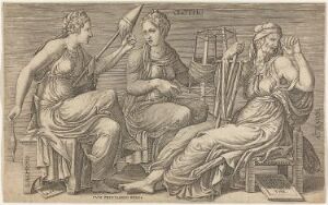  Engraving by Giorgio Ghisi titled "The Three Fates," showing three draped female figures representing Clotho, Lachesis, and Atropos, from left to right, engaged in their respective tasks of spinning, measuring, and cutting the thread of life. The image primarily consists of grayscale tones, with intricate line work to define form and texture.