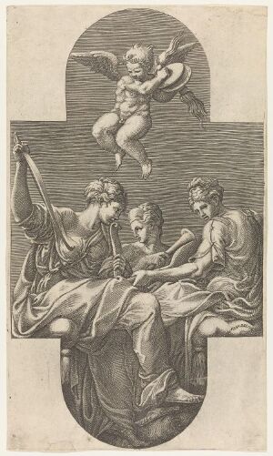  A monochrome copperplate engraving titled "Three Muses with a Putto playing the Cymbals" by Giorgio Ghisi, depicting three robed female figures in serene discussion with a playful cherub above them clashing cymbals, created in a detailed Renaissance style with a graceful composition and nuanced shading.