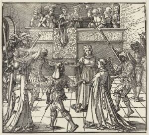  Monochrome woodcut print by Albrecht Dürer titled "The Masquerade Dance with Torches" portraying an elegant Renaissance era dance scene with figures in elaborate dress, some wielding torches, and onlookers from a balcony.