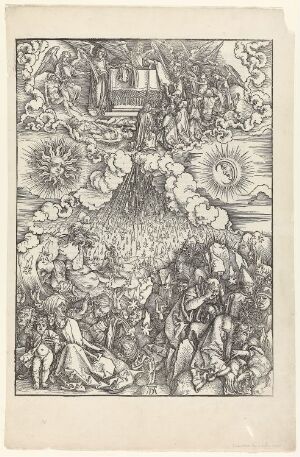  Black and white woodcut print "The Opening of the Fifth and Sixth Seals" by Albrecht Dürer, featuring a complex scene with a radiant light above a mountainous area surrounded by a dense crowd of people, with celestial bodies on either side displaying human facial features, amidst classical architectural elements in the background.