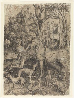  An engraving by Albrecht Dürer titled "Saint Eustachius", depicting a finely detailed scene of a man on horseback in a dense forest, facing a stag bearing a crucifix in its antlers, with several dogs around them, all rendered in monochromatic tones on paper.