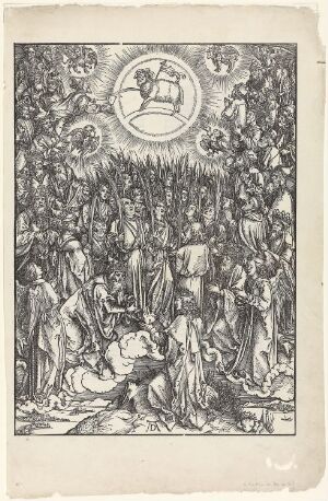  Black and white woodcut titled "The Adoration of the Lamb - The Hymn of the Chosen" by Albrecht Dürer, depicting a lamb on an altar surrounded by adoring human figures and a semicircle of angels above, set within a floral and leaf-filled scene, rich in detail and religious iconography.