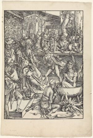  A monochromatic woodcut by Albrecht Dürer titled "The Torture of St. John the Evangelist," depicting St. John being lowered into a cauldron of boiling oil, surrounded by various onlookers and the overseeing Emperor, set against a detailed backdrop of a cityscape.