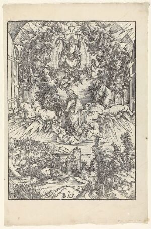  "St. John before God and the Elders," a black-and-white woodcut print by Albrecht Dürer, depicting a religious scene of a divine assembly in heaven with St. John gazing upwards from below. The print is rich in detail with expressive figures and intricate patterns achieved through contrasting black ink on white paper.