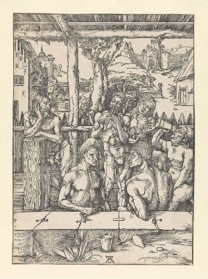  "The Men's Bath" by Albrecht Dürer is a woodcut print on paper featuring detailed black and white imagery of a group of nude men engaging in various activities in a bathhouse, surrounded by architectural and natural elements, with a large tree at the center and a village in the background.