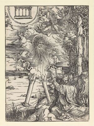  A woodcut by Albrecht Dürer titled "St. John Devouring the Book" depicting a monochromatic scene where St. John, in the foreground, receives and eats a book from a divine hand within a cloud, with a detailed backdrop of a barren landscape, a lush tree, and a radiant, sun-like face above.