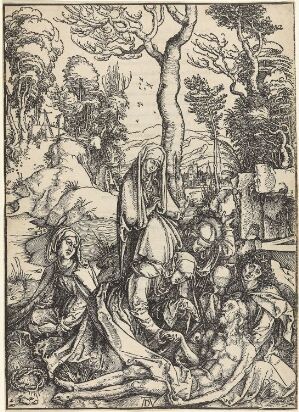  "Die Beweinung Christi," a detailed black-and-white woodcut print on paper by Albrecht Dürer, depicting a group of mournful figures surrounding the lifeless body of Christ in a natural setting with trees and clouds.