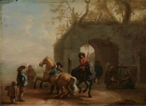  "Rideskole, kopi etter Philips Wouvermans" - an oil painting on wood panel by an unknown artist, depicting elegant figures on horseback with dogs by their side, in a serene outdoor setting with an archway to the right and soft, muted earthy colors.