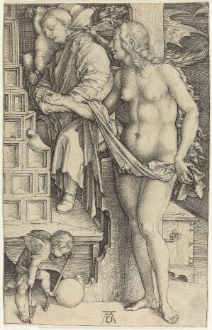  "The Dream of the Doctor" by Albrecht Dürer, a copper engraving on paper depicting a slumbering doctor seated next to a window, opposite a nude female figure with a draped fabric, and a small cherub playing with a bubble in the