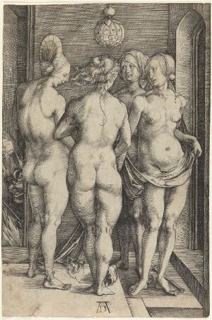  "Four Naked Women" by Albrecht Dürer, copper engraving on paper, depicting four classical nude female figures in a Renaissance setting with an archway and column in the background, standing on a checkered floor, with detailed shading and monochromatic tones emphasizing their muscular curves and interactions.