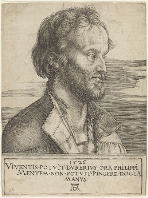  Black and white copper engraving by Albrecht Dürer titled "Philip Melanchthon," showing a detailed profile portrait of a Renaissance-era man with thoughtful eyes, neat beard, and period attire, with an inscription at the bottom.