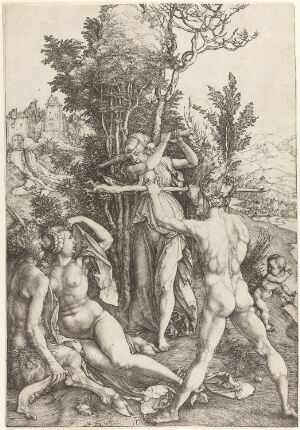  Monochromatic engraving "Hercules at the Cross-Roads" by Albrecht Dürer on paper, depicting a muscular man (Hercules) in the center, flanked by two women representing Virtue and Vice, with a detailed backdrop of trees and a celestial figure overhead. The artwork explores themes of moral choice with precise line work and shaded details to convey depth