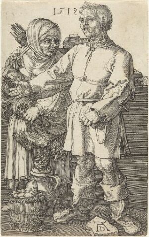  "The Peasant and his Wife at Market" by Albrecht Dürer, a monochromatic copper engraving on paper showcasing a 16th-century peasant couple, with detailed attire and textured shading, in a market setting.