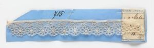  Photo of a textile sample featuring a pale blue section with the number "415" written on it, a beige segment with small printed text, and a decorative band of white lace with a floral pattern.