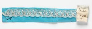  A strip of pastel turquoise lace with a detailed floral design on a neutral background beside a small, aged paper tag with handwritten text.