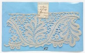  An antique paper lace card with intricate cut-out patterns in creamy white, placed on a pastel blue background, featuring a vertically aligned rectangular paper with cursive handwriting.