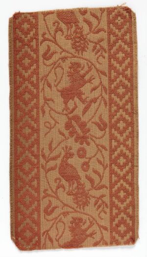  Antique earthy terracotta book cover with muted rust floral and fauna motifs and symmetrical design patterns.