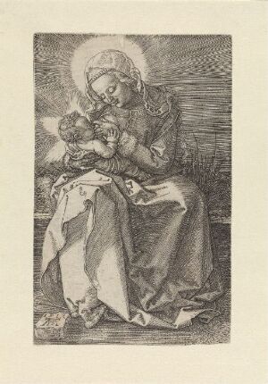  "Madonna Nursing" by Albrecht Dürer, a monochromatic copper engraving on paper depicting the Virgin Mary in a headscarf gently nursing the baby Jesus, with both figures rendered in intricate detail against a simple background.