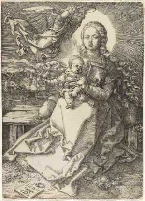  Monochromatic copper engraving by Albrecht Dürer titled "Madonna crowned by an angel" depicting the Madonna seated with the Christ Child on her lap, being crowned by an angel overhead, set against a detailed backdrop of a natural landscape.