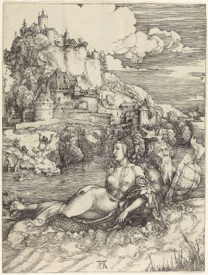  "The Sea Monster" by Albrecht Dürer, a black and white copper engraving on paper depicting a mythological sea creature with the upper body of a woman caressing a small figure, set against a background of a dense, detailed coastal town and dynamic cloudy sky.