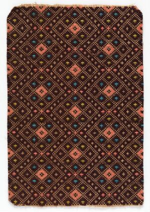  A patterned textile featuring a complex geometric design with repeating diamond shapes bordered by decorative details. The colors are predominantly dark browns, deep reds, and forest greens with accents of pale pinks and light blues.