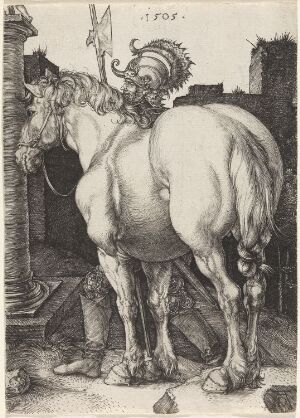  "The Large Horse" by Albrecht Dürer is a detailed black and white copper engraving on paper depicting a powerful, muscular horse viewed from behind, with its head turned towards the viewer amid a backdrop of subtle classical architecture.