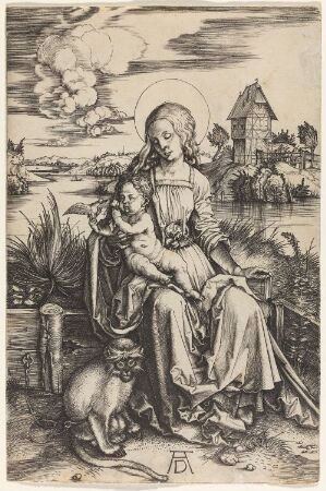  "The Madonna with the Monkey" by Albrecht Dürer, a black and white engraving depicting Virgin Mary seated with the Christ Child on her lap, both haloed, in a serene landscape with a small monkey at the bottom left and Dürer's 'AD' monogram beneath Mary's seat.