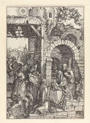  "The Adoration of the Magi" by Albrecht Dürer, a monochromatic woodcut depicting the Virgin Mary with the infant Jesus being adored by the three Magi, surrounded by attendants within an architectural setting featuring classical columns, ruins, and detailed stonework, all rendered in shades of black and gray.