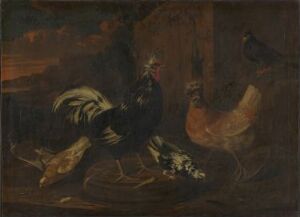  "Høns og duer" by Abraham de Haen (I), showing a rustic scene with a vibrant rooster, soft brown hens, yellow chicks, and grey pigeons on a dimly lit background with earthy tones of brown, green, and grey, all created with oil on canvas.