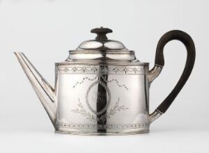  Silver teapot with engraved patterns and a wooden handle and knob created by Bendix Gejsen, titled "Tekanne," exemplifies classic sophistication and craftsmanship.