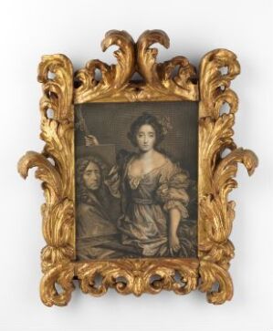  "Catherine Marguerite Mignard med portrett av sin far Pierre Mignard," a visual art piece with a monochromatic print of a young woman next to a portrait of a man, both in historical attire, encased within a highly ornate, gilded wooden frame with Baroque scrollwork.