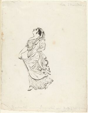  "Bacchante," a lithograph on paper by Johan Gørbitz, depicting a line drawing of a joyous dancing woman, presumably a follower of Bacchus, with a raised arm and head tilted back, on a light paper background showing signs of age.