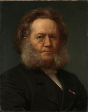  Oil on canvas portrait by Henrik Olrik titled "Henrik Ibsen," showing an older man with white hair and beard, in a black coat with a red pin on the lapel, and a contemplative gaze against a dark olive green background.