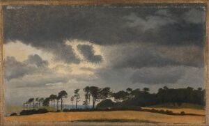  A landscape painting by Johan Thomas Lundbye, featuring a stormy sky with dark clouds and a central light clearing over a field of muted golds and ochres, with a row of darkly silhouetted trees on the horizon, oil on paper glued on cardboard panel.