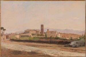  "Klosteret San Lorenzo fuori le mura i Roma" by Jørgen Pedersen Roed, a fine art oil painting depicting the historic monastery set amidst a tranquil Italian countryside with a subtle earth-tone color palette.