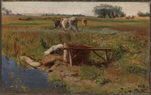  "Landscape with Cows" by Johan Thomas Lundbye, an oil painting on paper mounted on a board, featuring two cows in a field with a small bridge in the foreground, set against a backdrop of a soft blue sky and distant greenery.