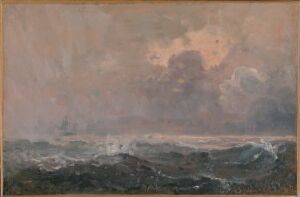  "Opprørt hav" by Carl Frederik (C.F.) Sørensen, a fine art painting on canvas depicting a stormy sea with turbulent, dark waves under a brooding sky imbued with shades of grey, peach, and hints of lilac, emphasizing the formidable power of nature.