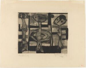  "Tre figurer" by Gunnar S. Gundersen, a monochromatic etching, aquatint, and woodcut work on paper, presenting an abstract composition with suggestive forms on a rich spectrum of greyscale, highlighting an intriguing interplay of shapes and implied figures.