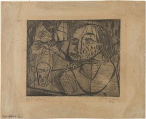  "Øldrikkere" by Gunnar S. Gundersen, a fine art etching depicting two figures in sepia tones, involved in a quiet interaction with a pipe and a glass of beer, characterized by angular lines, textured shading, and a somber mood.
