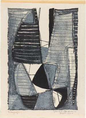 Abstract lithographic artwork titled "Komposisjon," featuring an interplay of organic and geometric shapes in shades of blue and black, printed on high-quality paper with a visible texture.
