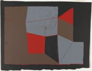  Abstract fine art piece titled "Uten tittel" by Gunnar S. Gundersen, featuring an assemblage of geometric shapes in shades of grey, black, red, and white on a dark brown irregularly edged background, executed as a colored woodcut on paper.