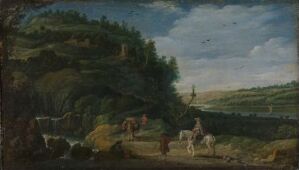  An oil painting on canvas by Esaias van de Velde, depicting a lush 17th-century landscape with figures and animals on a path, a hill to the left, a reflective water body to the right, and distant lands under a blue sky with soft white clouds.