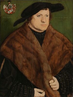 
 A 16th-century oil painting on wood by Barthel Beham, featuring a male subject in a black hat and a fur-lined garment, with a coat of arms in the upper left, against a dark green background.