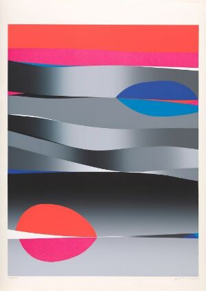  "Wobbler" by Gunnar S. Gundersen is a fine art serigraph on paper featuring sinuous gray shapes on a vertical canvas, accented with striking bands and ellipses in pink, purple, blue, cyan, and red, creating a dynamic, abstract composition.