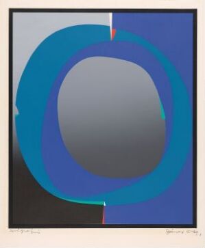  "Komposisjon" by Gunnar S. Gundersen, a color screen print on paper featuring a large, multi-layered geometric form that resembles the number '0'. The central shape is dark gray surrounded by concentric rings in shades of electric and lighter blue, with a large teal border, accented by thin red and green stripes on the right and bottom left, all set against a medium gray background.